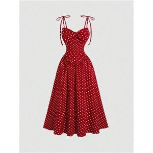 Sweetra French Retro Dot Print Spaghetti Strap Back Tied Waist Long Dress,